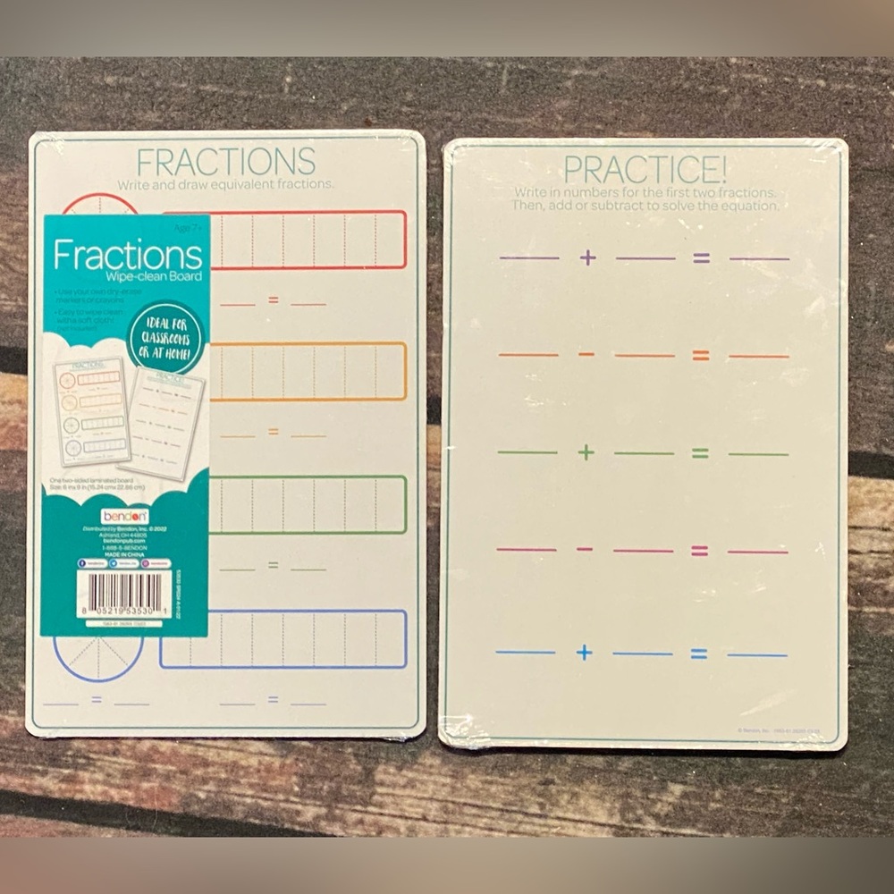 Double Sided Fractions Practice Writeable Dry Erase Wipe-Clean Board